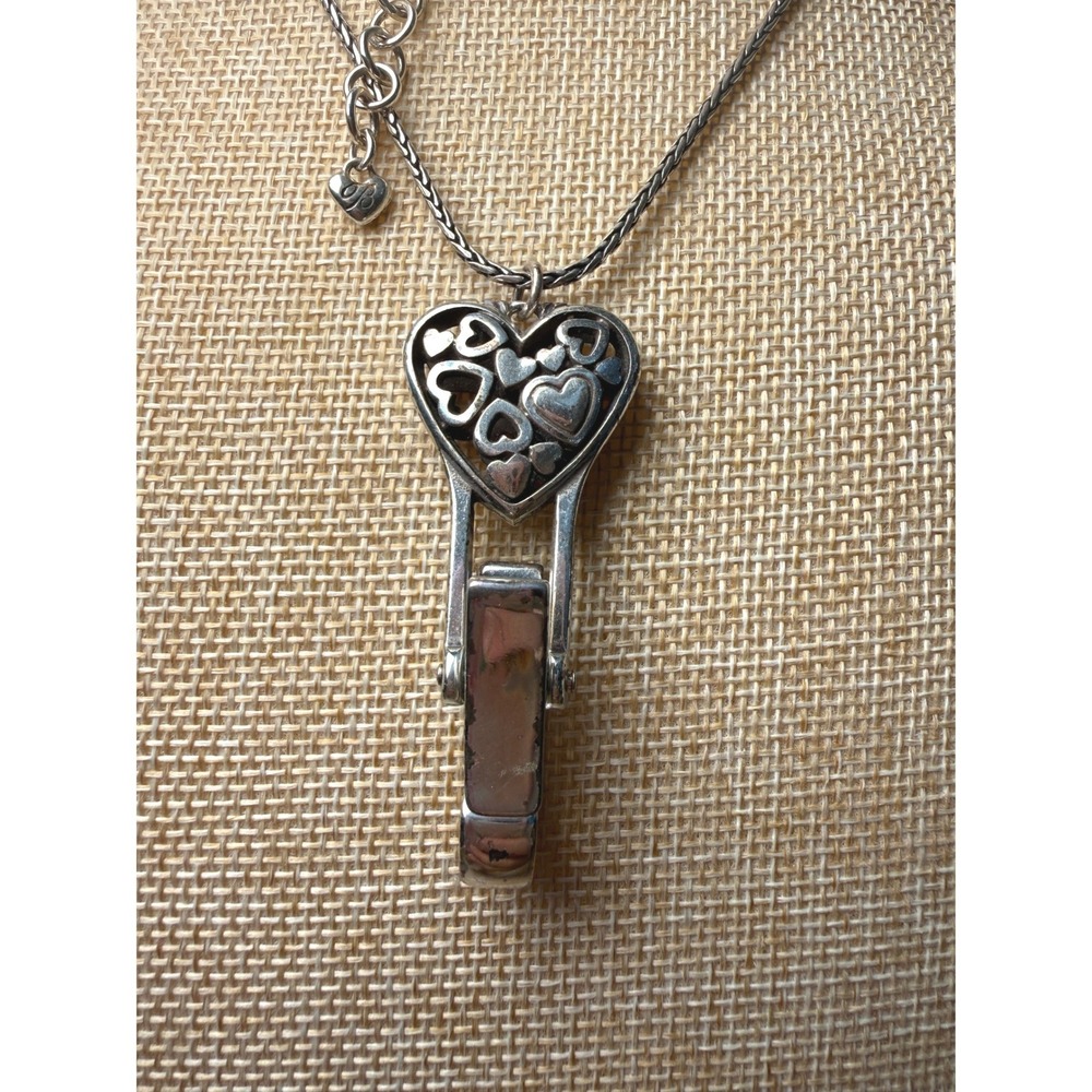 Brighton Silver Tone Heart Badge Clip Necklace Wheat Chain Flawed See Photos